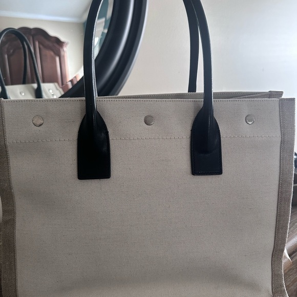 Saint Laurent Rive Gauche Canvas Tote in Cream and Black - Picture 2 of 13